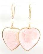 14kt Yellow gold Carved heart coral Cameo dangle earrings