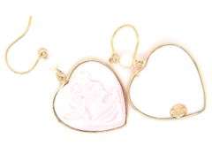 14kt Yellow gold Carved heart coral Cameo dangle earrings