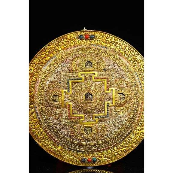 Rare Temple Collection Tibetan Silver Gold & Gilded Mosaic Gem Thangka Mandala