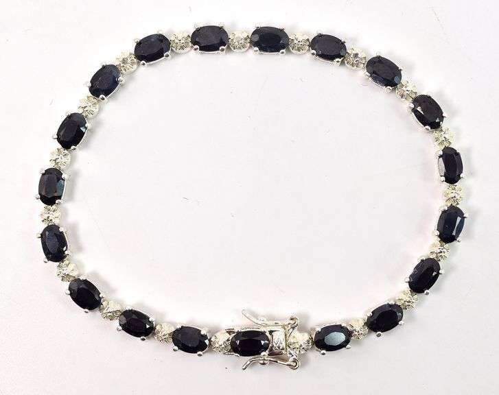 Blue Sapphire Gemstone and Diamond Bracelet in Sterling Silver