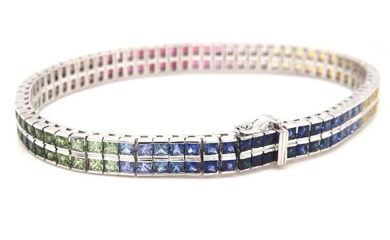18kt White gold 9ctw multi color sapphire rainbow tennis bracelet