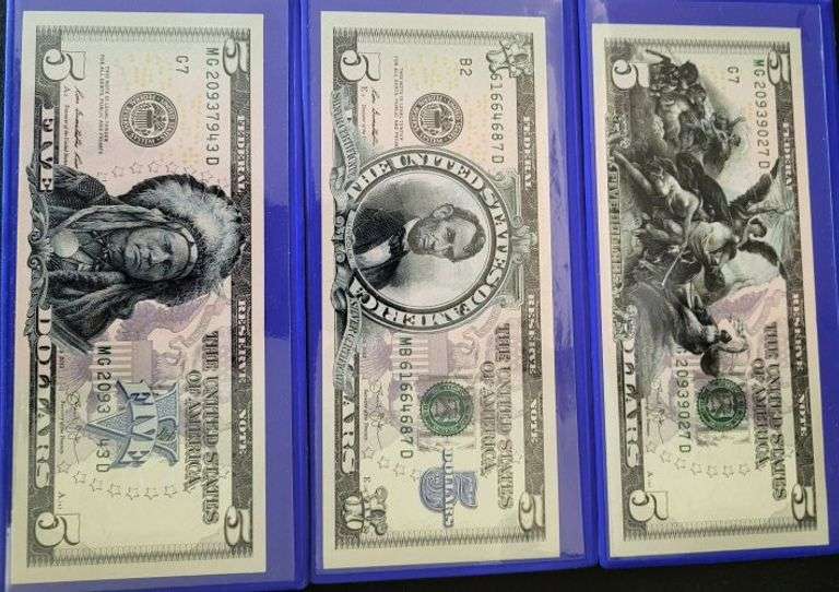 3 Different Commemorative $5 Bank Notes in Original Packaging w/CoA