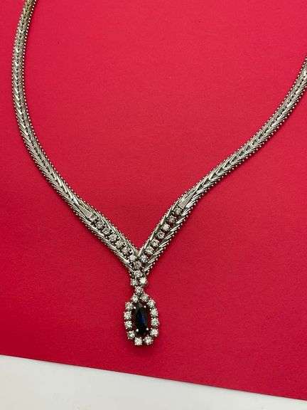 CERTIFIED 14K WHITE GOLD DIAMOND AND SAPPHIRE NECKLACE
