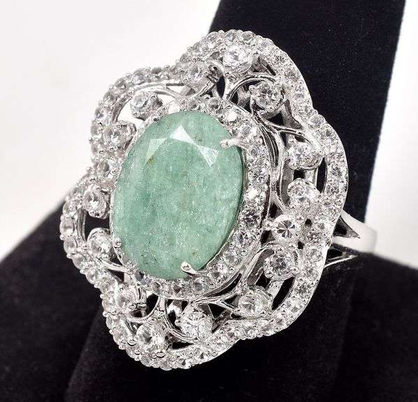 Beautiful 7.75CTW Emerald and White Sapphire Gemstone Ring in Sterling Silver