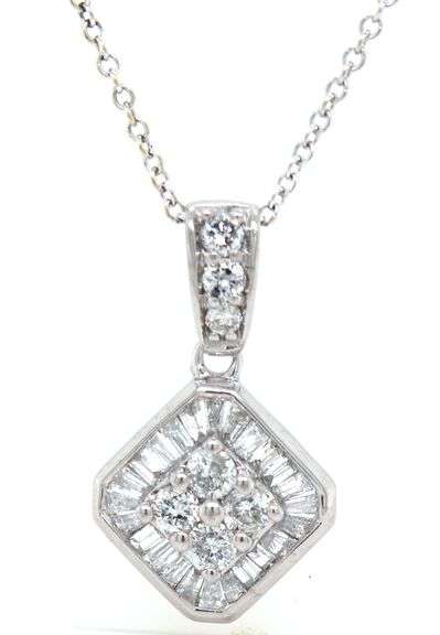 14kt White gold baguette and round diamond pendant on chain necklace