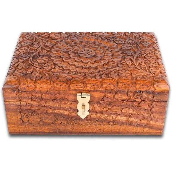 Hand Carved Wooden Jewelry Box Organizer