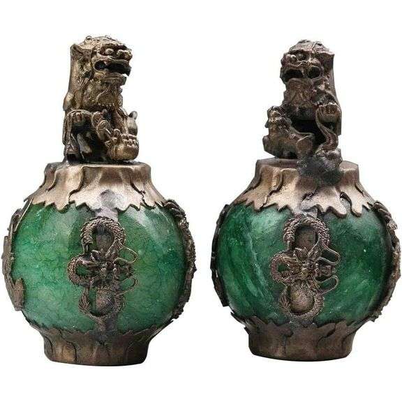 Chinese Silver Dragon & Jade Lion Statue Pair