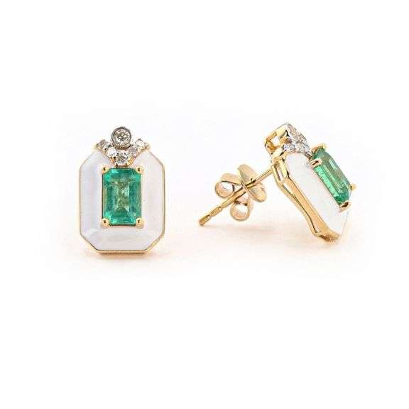 14K YELLOW GOLD EMERALD AND DIAMOND STUD EARRINGS 1.15 C.T.W.