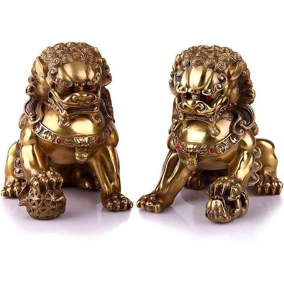 Large Brass Fu Foo Dogs Guardian Lion Statues
