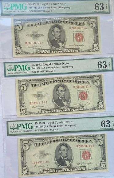 3 $5 1953 PMG 63 Choice Unc EPQ US Notes