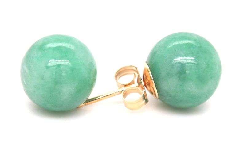 14kt Yellow gold 10mm Green Jade ball earrings