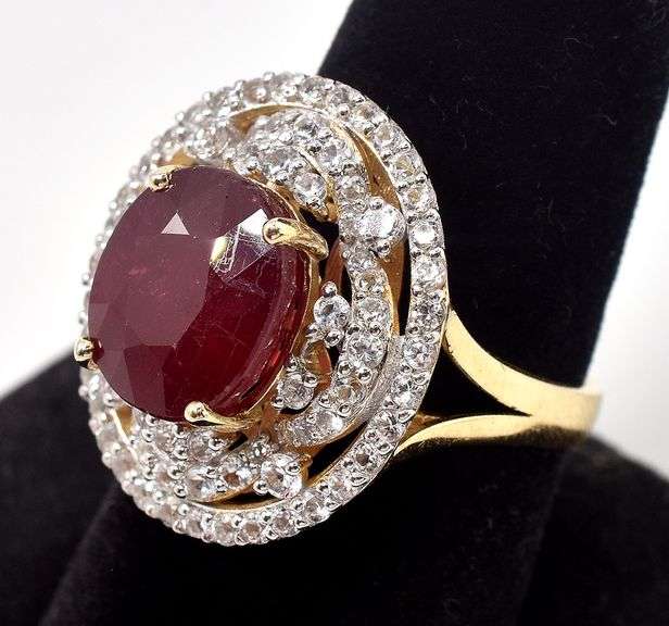 Amazing 7.28CTS Emerald-Cut Ruby & 2.08CTW Sapphire Gemstone Ring In 14K Yellow Gold Over Sterling S