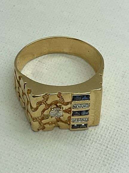 MEN'S CERTIFIED 14K YELLOW GOLD NUGGET RING WITH DIAMONDS AND SAPPHIRES