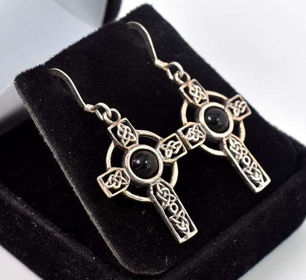 Emerald Gemstone Cross Gemstone Dangle Earrings in Sterling Silver