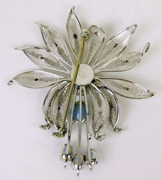 Vintage Sterling Filigree & Blue Gemstone Brooch