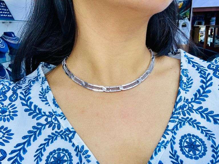 14K White Gold Round Brilliant Cut Diamond Collar Necklace