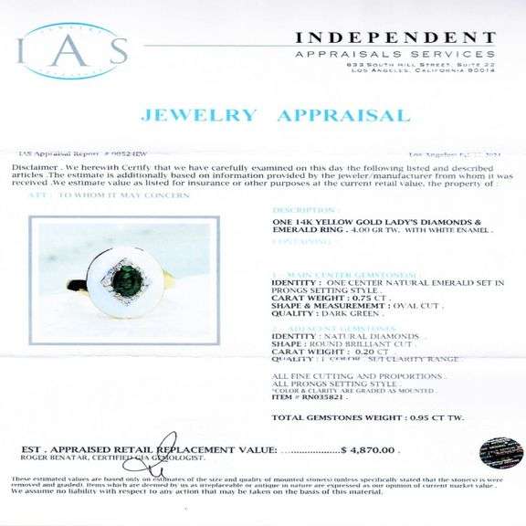 14K YELLOW GOLD EMERALD AND DIAMOND RING WITH WHITE ENAMEL 0.95 C.T.W.