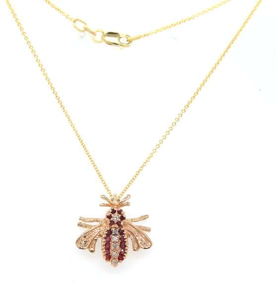 14KT Yellow gold Ruby and diamond bee pendant on chain