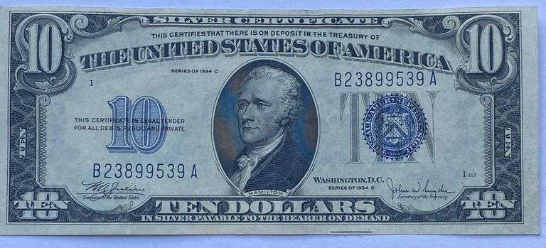 Choie Near Unc 1934 C $10 Silver Certificate