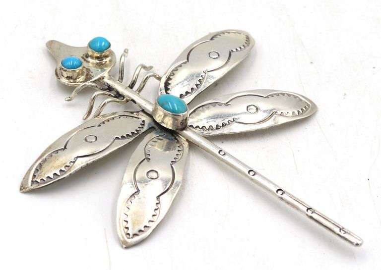 925 Sterling silver signed turquoise dragon fly pin
