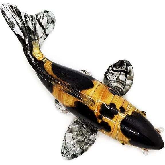 Hand-Blown Glass Yellow Black Japanese Koi Figurine