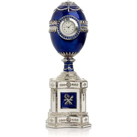 Limited Edition Blue Faberge Egg with Pearl and Clock