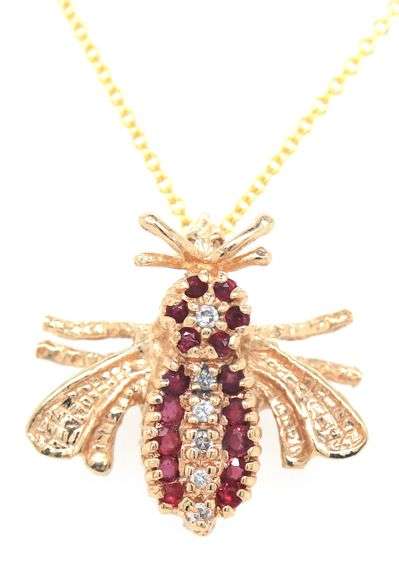 14KT Yellow gold Ruby and diamond bee pendant on chain