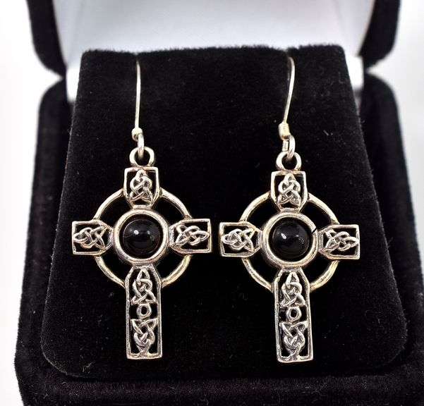 Emerald Gemstone Cross Gemstone Dangle Earrings in Sterling Silver