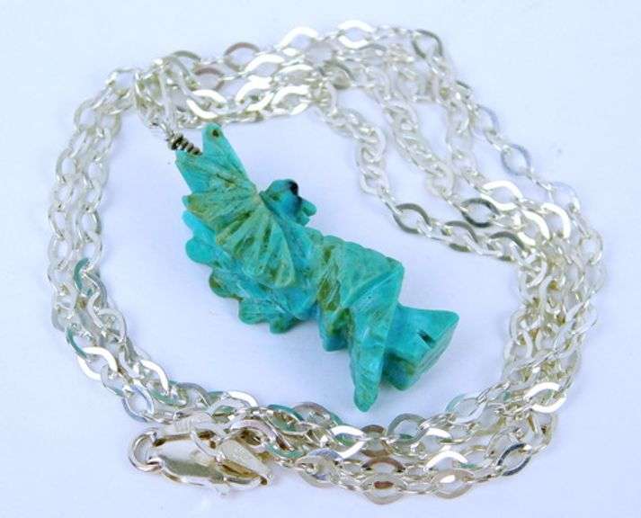 Carved Turquoise Dragon Pendant on Sterling Chain