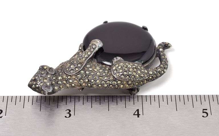 Jaguar Pin with Black Onyx and Marcasite Gemstone in Sterling Silver