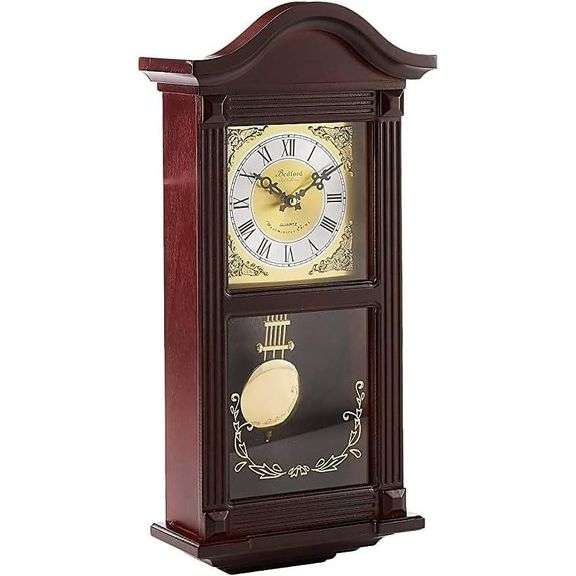 Classic Mahogany Cherry Oak Wall Clock with Brass Pendulum and 4 Chimes