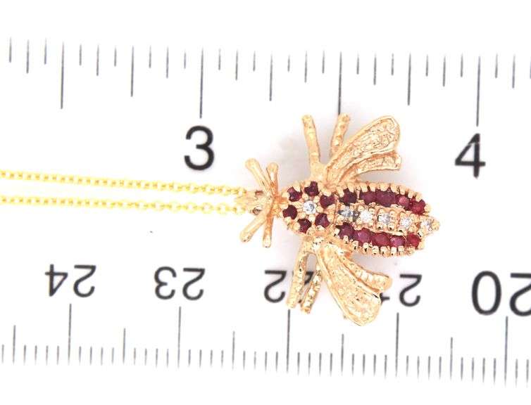 14KT Yellow gold Ruby and diamond bee pendant on chain