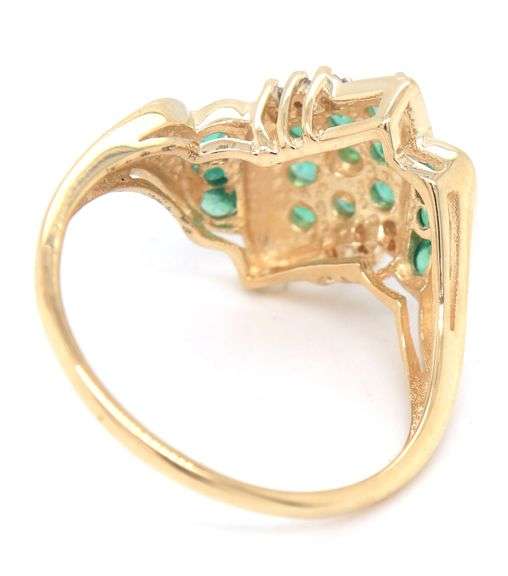 14kt Yellow gold emerald and diamond accent cluster ring