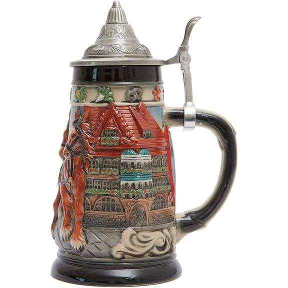 German Oktoberfest Ceramic Beer Stein with Pewter Lid