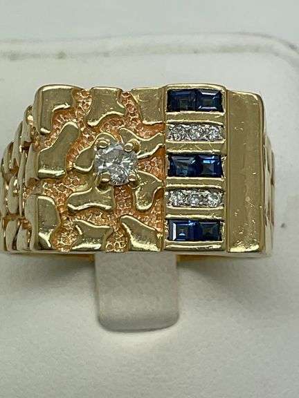 MEN'S CERTIFIED 14K YELLOW GOLD NUGGET RING WITH DIAMONDS AND SAPPHIRES