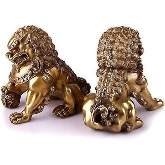 Large Brass Fu Foo Dogs Guardian Lion Statues