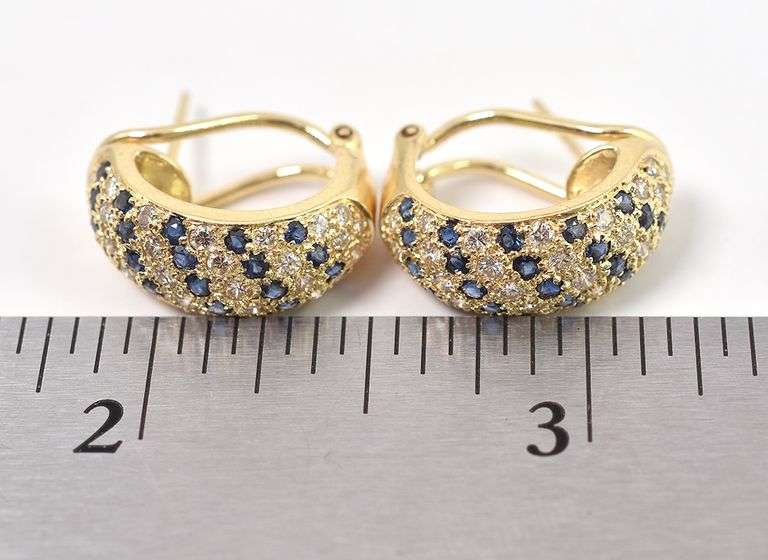 Impressive 14K Yellow Gold Diamond and Blue Sapphire Gemstone J-Hoop Earrings