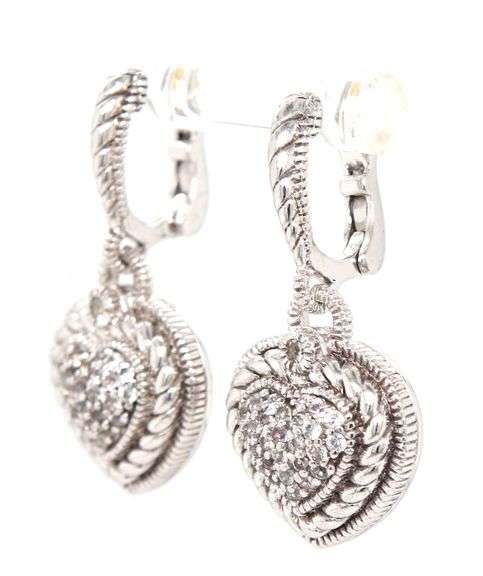 Judith Ripka silver heart shaped dangle earrings