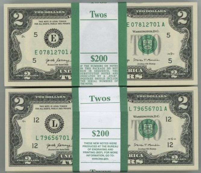 2 Diff Superb Gem CU Bank-Sealed Packs Series 2017-A $2 Bills in Sequence (E & L)