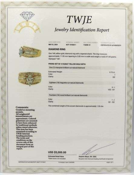 14kt Yellow gold marquise and baguette and RBC channel set engagement ring