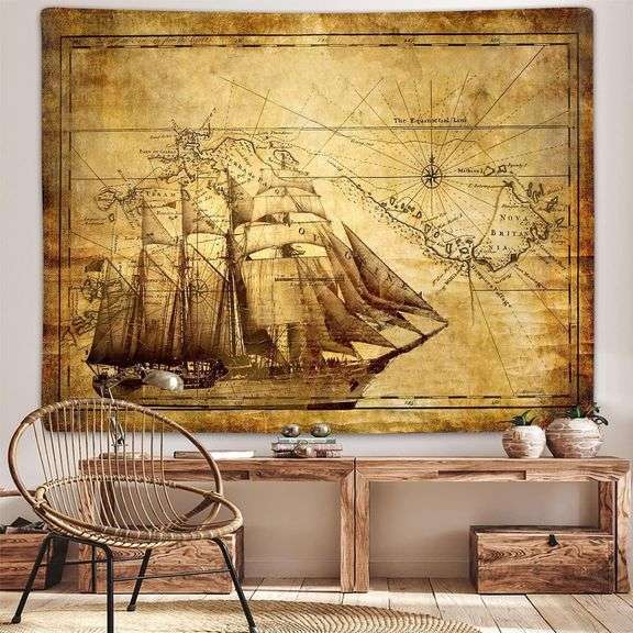Nautical Pirate Treasure World Map Tapestry