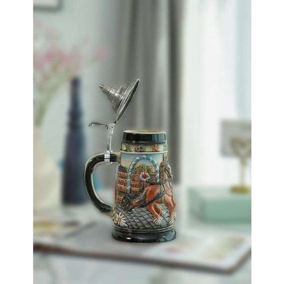 German Oktoberfest Ceramic Beer Stein with Pewter Lid