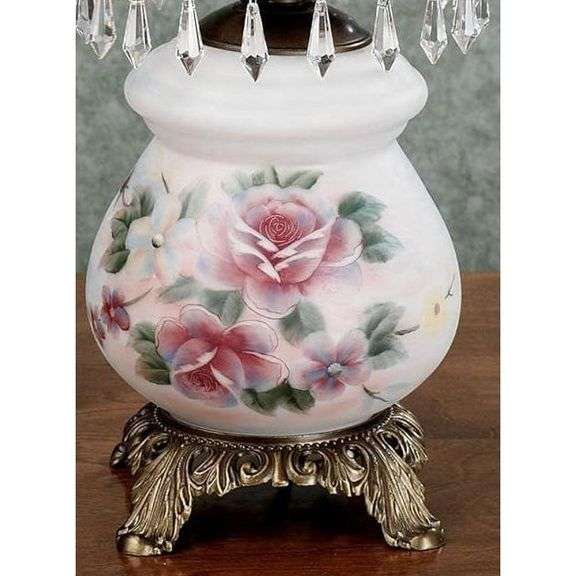 Victorian Style Hurricane Rose Table Lamp with Crystal Beads