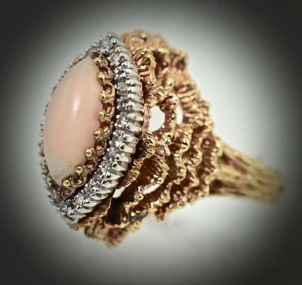 Mid-Century Modern 14K Coral & Diamond Ring