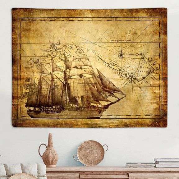 Nautical Pirate Treasure World Map Tapestry