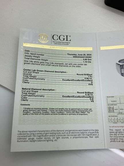 CERTIFIED 14K WHITE GOLD DIAMOND ENGAGEMENT RING. 1.10 CARAT