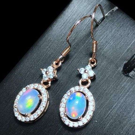GENUINE ETHIOPIAN OPAL & CREATED WHITE SAPPHIRE STERLING SILVER DANGLE EARRINGS