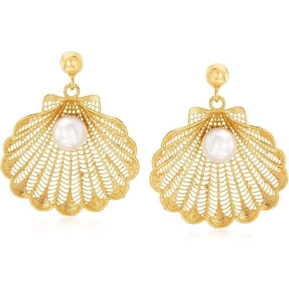Elegant Italian Pearl Seashell Drop Earrings 18kt Gold