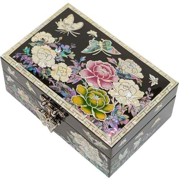 Handmade Mother of Pearl Jewelry Box Flowers and Butterflies Design
