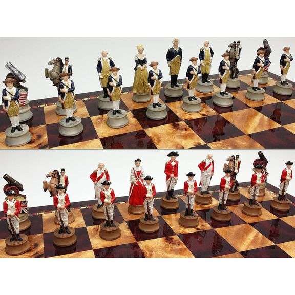 18" Cherry & Burlwood Board American Revolutionary Chess Set